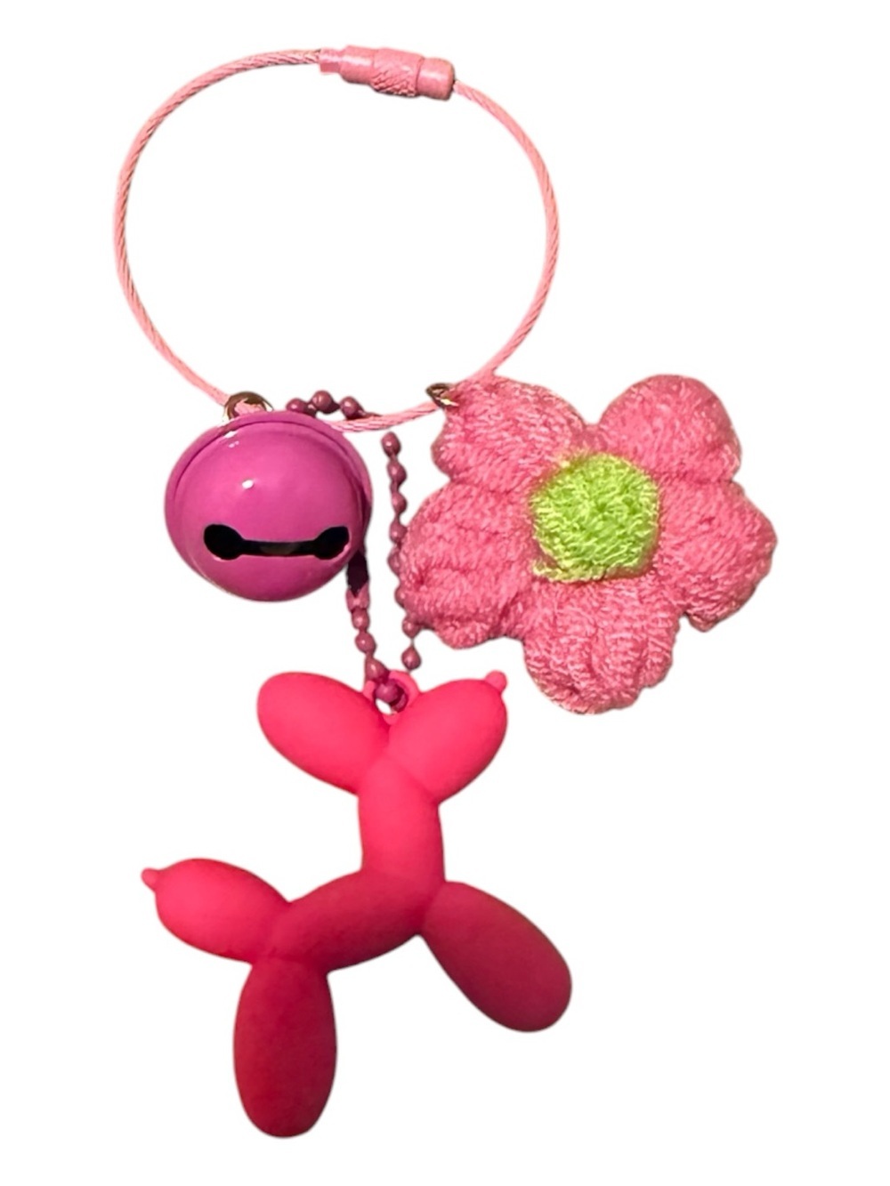 Pink Balloon Dog & Flower Keychain Charm - Cute Pink Accessory with Bell